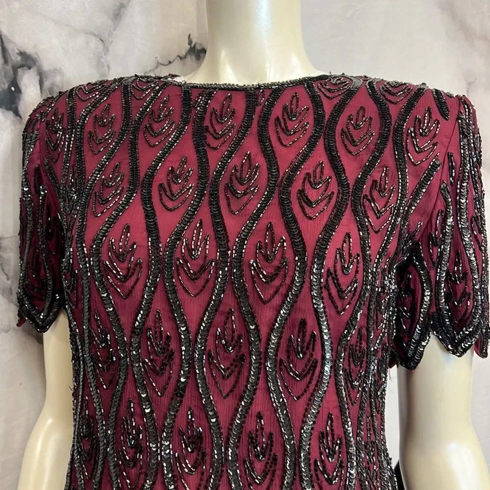 *Maroon and black beaded sequence evening top brand stenay - Picture 9 of 10